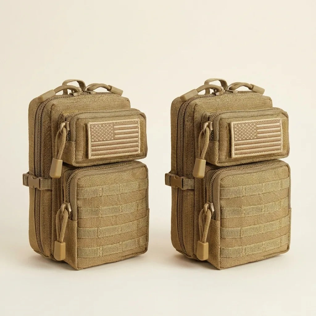CobaltNook Khaki 2-pack MOLLE organizer pouches with two US flag patches