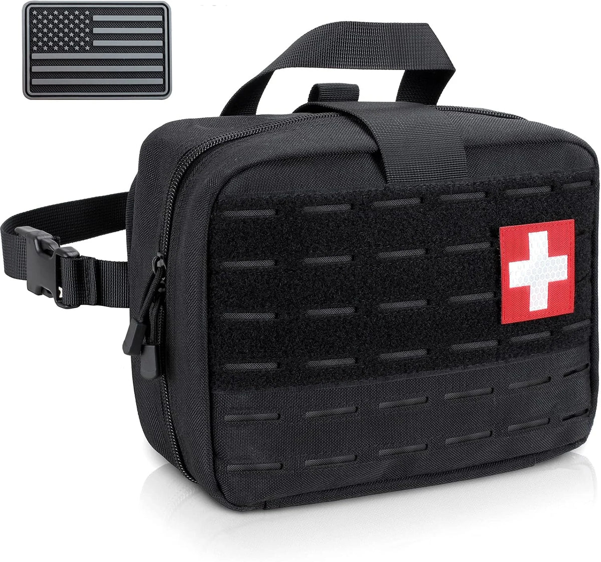 MOLLE first-aid bag in Black, with a cross patch and a matching US flag patch
