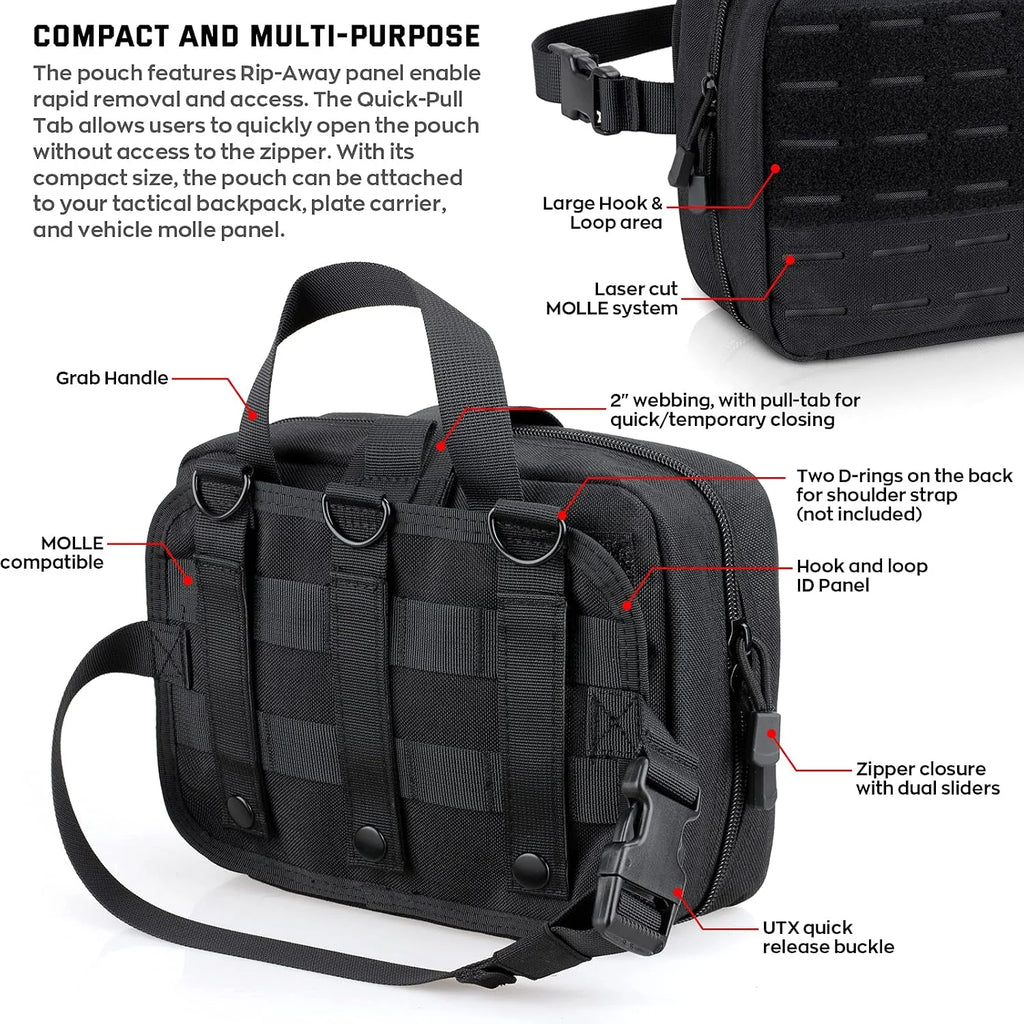 Back of the bag: MOLLE straps, D-rings, grab handle, quick-release buckle and hook-and-loop panels