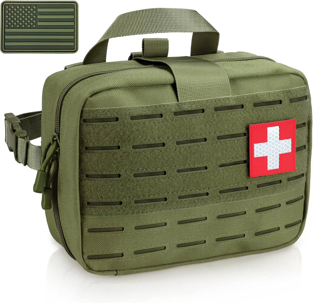 MOLLE first-aid bag in Green, with a cross patch and a matching US flag patch