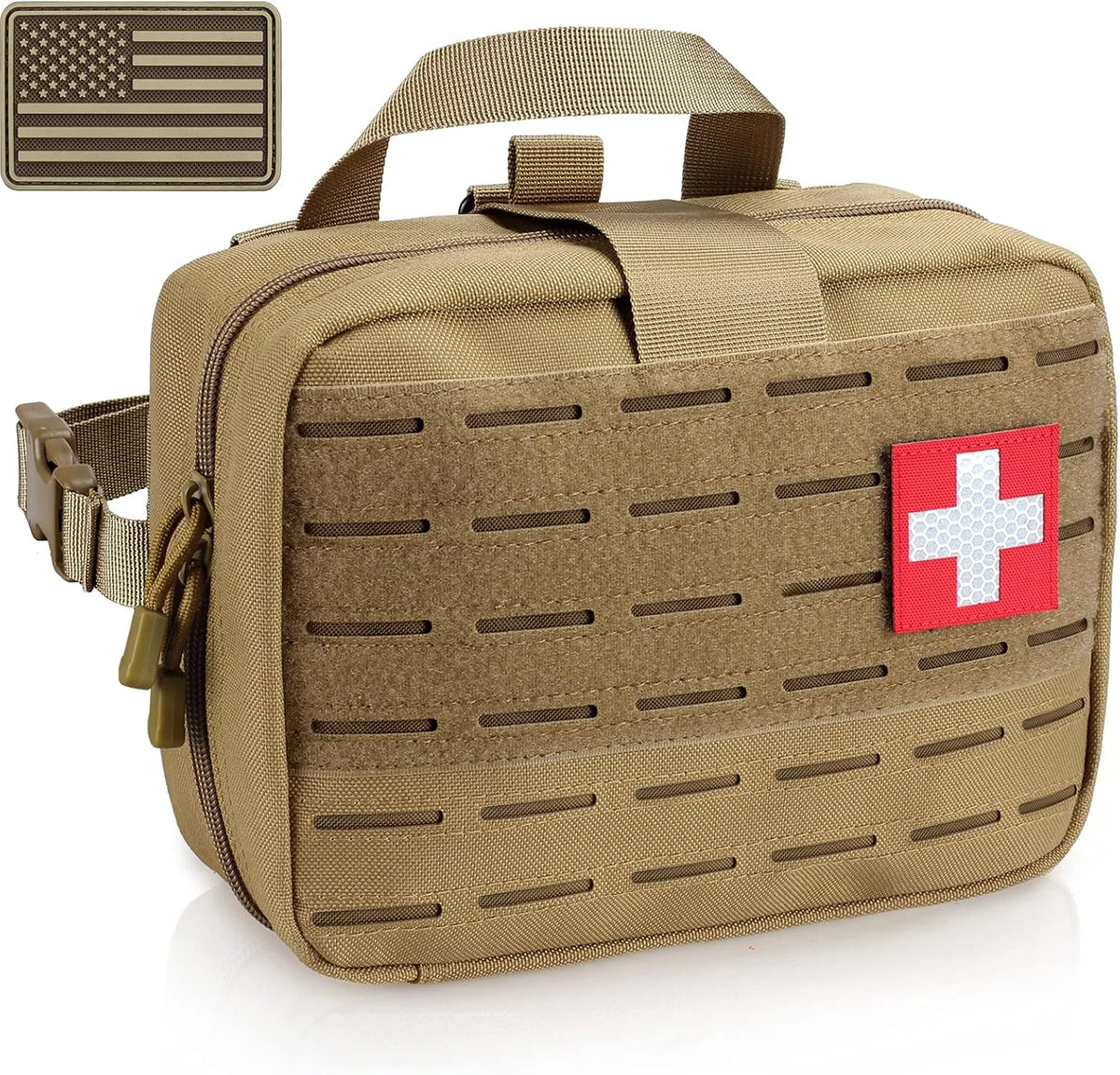 MOLLE first-aid bag in Khaki, with a cross patch and a matching US flag patch