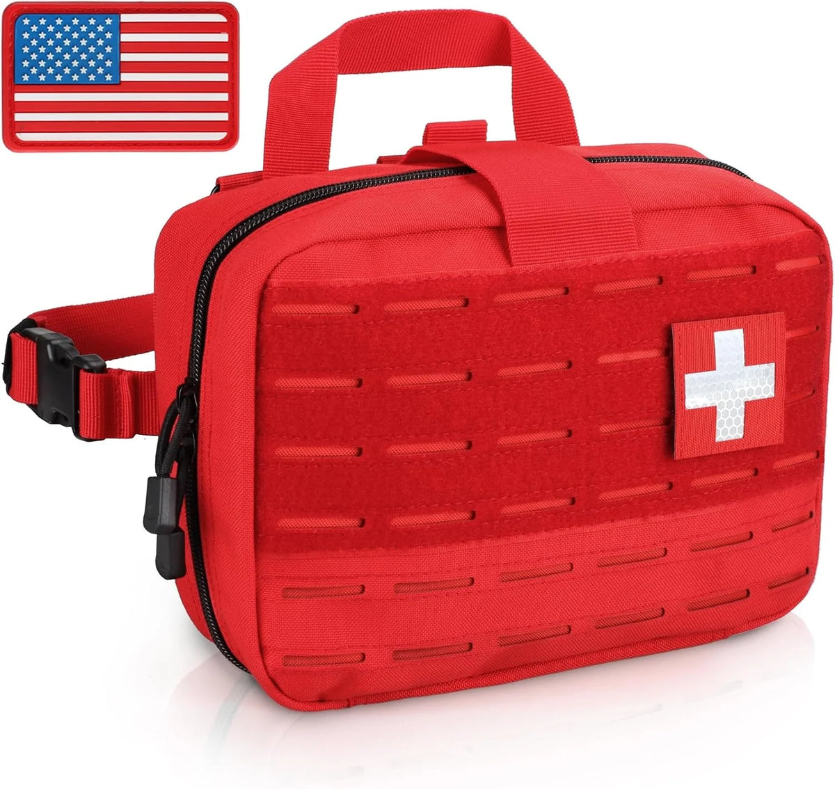 MOLLE first-aid bag in Red, with a cross patch and a matching US flag patch