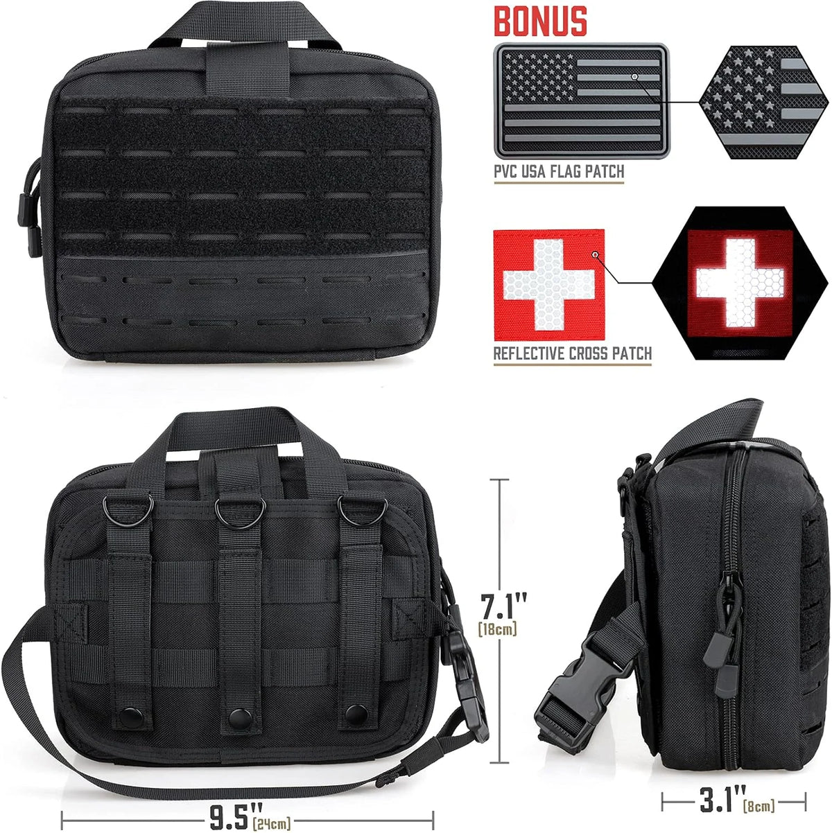 Front, back and side of the bag: about 9.5 x 7.1 x 3.1 in, with the US flag patch and reflective cross patch